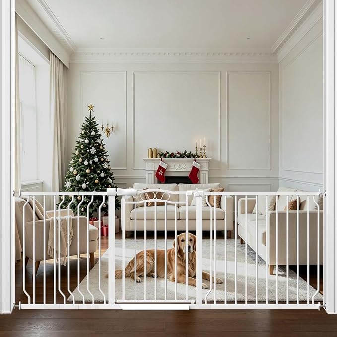 Fairy Baby 71.7"-81.1" Extra Wide Baby Gate with Door, Long Dog Gate for the House Doorway Stairs, Pressure Mounted Safety Gate for Child Kid, Auto Close Metal Pet Barrier with Arch Design, White