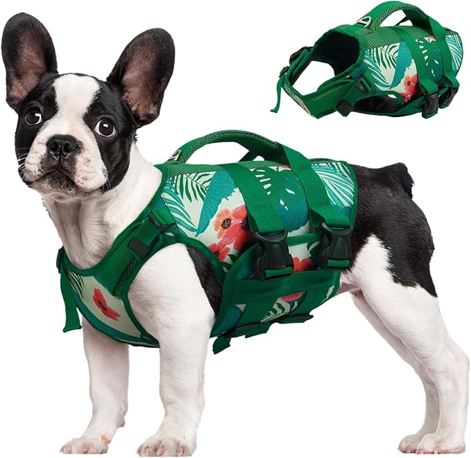 Kuoser Dog Life Jacket, High Flotation Reflective Dog Life Vest, Printed, M | Adjustable Dog Lifejackets for Small Medium Large Dogs, Lifevest with Rescue Handle for Swimming, Boating, Lake, Beach & Pool