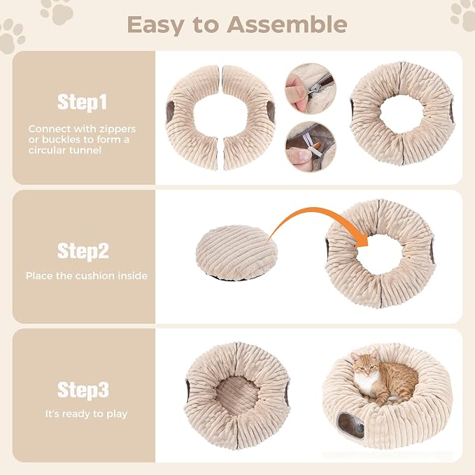Avont Cat Tunnel Bed for Indoor Cats, Latte | Cat Donut Tunnel Toys | Folds Into a Cozy Bed | 3 Shapes: Donut, C, S | 9.8in Large Cats | 2 Peek Holes & 2 Toy Balls