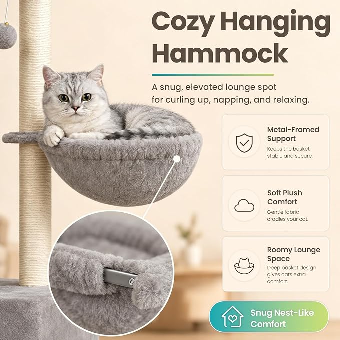 Small Cat Tree Tower for Indoor Cats, 40 in Medium Cat Bed Scratching Posts | Multi Level Compact Kitty Kitten Houses Climbing Trees Stands with 2 Condos Sisal Post Perch Platform Hammock Plush Toy Balls