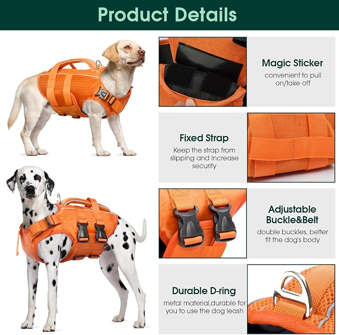 Kuoser Dog Life Jacket, High Flotation Reflective Dog Life Vest, Orange, S | Adjustable Dog Lifejackets for Small Medium Large Dogs, Lifevest with Rescue Handle for Swimming, Boating, Lake, Beach & Pool