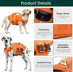 Kuoser Dog Life Jacket, High Flotation Reflective Dog Life Vest, Orange,XXL | Adjustable Dog Lifejackets for Small Medium Large Dogs, Lifevest with Rescue Handle for Swimming, Boating, Lake, Beach & Pool