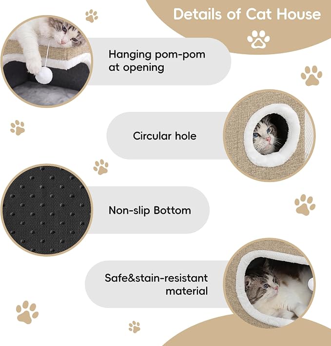 Cat Houses for Indoor Cats, Large Covered Cat Cave Beds & Furniture with Scratch Pad and Fluffy Ball,Foldable Cat Hideaway for Kitten,16.5x16.5x13 inches, Khaki‌