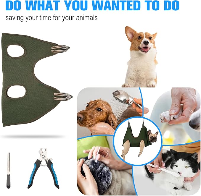 Kkiimatt 10 in 1 Dog Pet Grooming Hammock Harness with Nail Clippers/Trimmer, Nail File,Dog Nail Hammock, Dog Grooming Sling for Nail Trimming/Clipping (M/Under 45lb, Khaki Green)