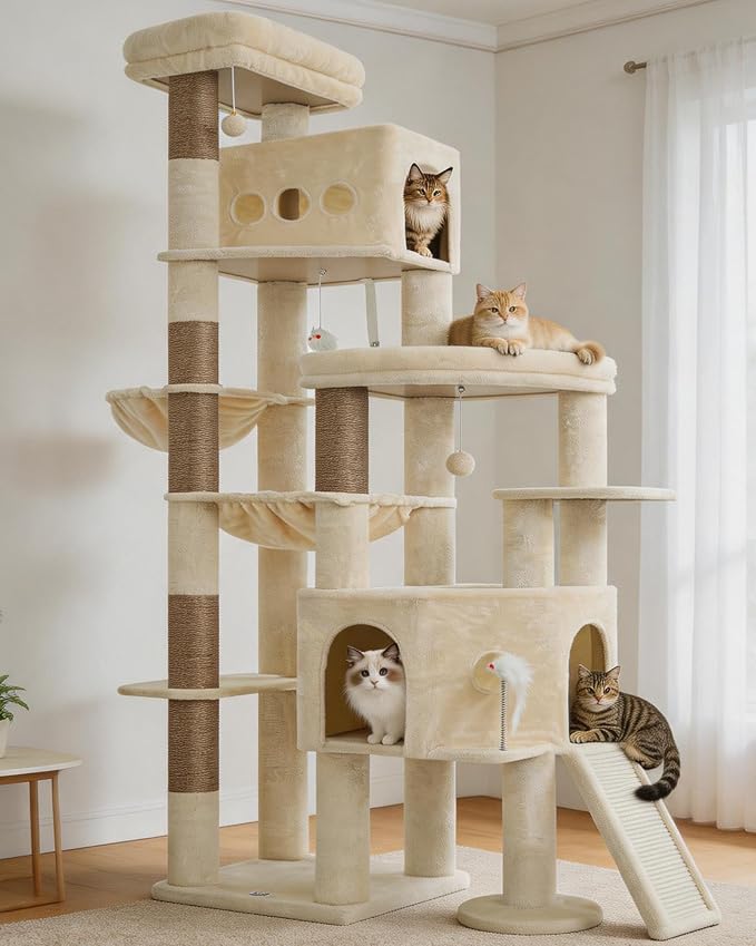 Cat Tree, 78.7" Tall Heavy Duty Cat Tower for Indoor Cat VCT033MJ | Cat Furniture with Sturdy Structure, Spacious Condo, Cozy Top Perch & Scratching Posts, Hammock, Beige