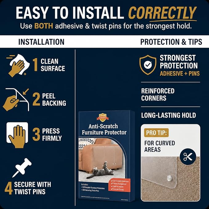 Cat Scratch Furniture Protector - 12 Pack XL | 17" x 12" Sheets, Sofa Guard, Claw-Deterrent Pet Coverage, Self-Adhesive with 50 Twist Pins, Cuttable to Fit