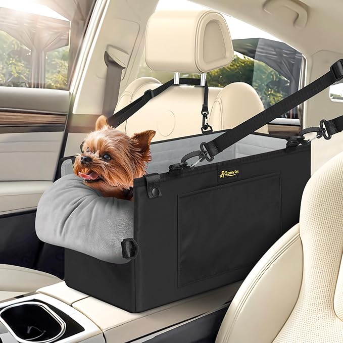 QUMY Middle Center Console Dog Car Seats for Small Dogs Up to 11lbs, Black | Portable Dog Booster Car Seat, Multi-Purpose Puppy CarSeat with Adjustable Harness, Small Dog Cat Pet Car Carriers for Travel