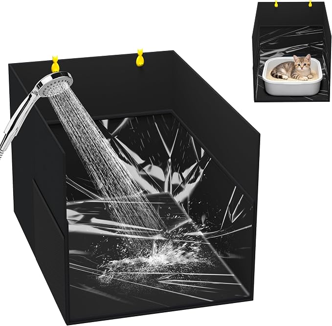 Aokeyee Black Waterproof Cat Litter Box Enclosure Splash Guard | 27.16x21.65x16.53, Removable PVC Mat with 2 Hooks, Foldable Anti-Leakage Dust Control
