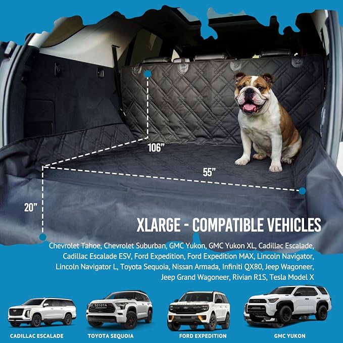 Bulldogology SUV Cargo Liner for Dogs 55"x106" Heavy Duty Pet Trunk Cargo Cover - Dog Car Seat Cover Waterproof Nonslip - Dog Hair, Muddy Paws, Scratches Cover Protector for Cars Vans (X-Large, Black)