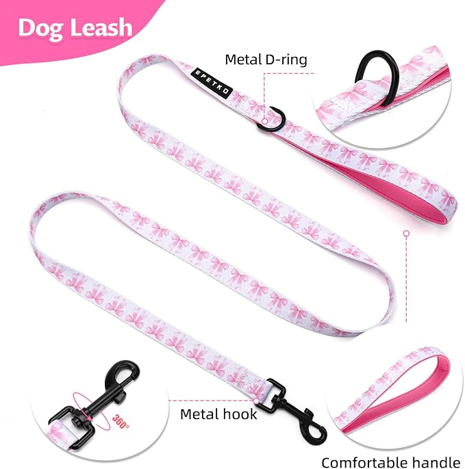 Small Dog Harness and Leash Set of 6, No Pull Soft Lightweight Mesh Puppy Harness, Adjustable Cute Floral Pattern Pet Harness for Small Medium Dogs (Pink Bow, XS)