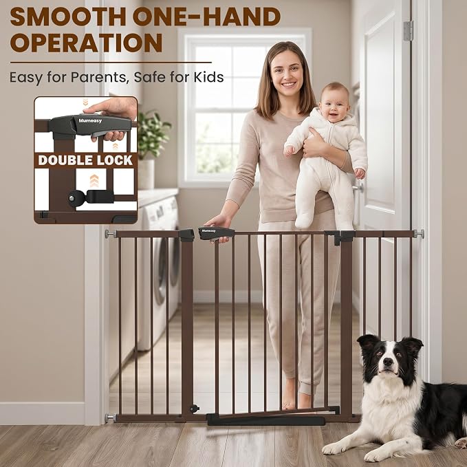 Mumeasy 29.7-57" Extra Wide Baby Gate, Auto Close Large Dog Gate for Doorways, No Drilling Pressure Mounted Pet Safety Gate for Stairs, Easy Walk Through Child Gate for Hallways, House, Indoor, Brown