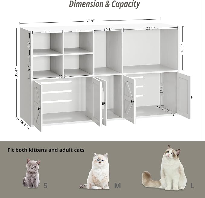 IRONCK Cat Litter Box Enclosure for 2 Cats, Hidden Litter Box Furniture | Double Litter Box Enclosure Cabinet with Double Room and Large Storage Space, Wooden Washroom Furniture, Cat House, White