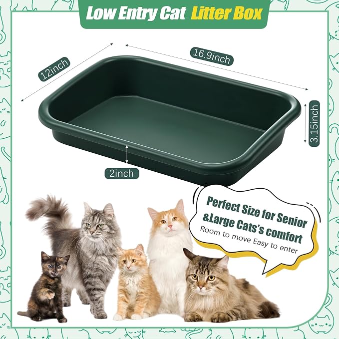 Uiifan 3 Pcs Extra Large Low Entry Cat Litter Box for Senior Kitty Pet Open Top Litter Box for Senior Kitten Handicap Disabled Older Elderly Cats, Easy to Clean(Dark Green,16.9 x 12 x 3.15 Inches)