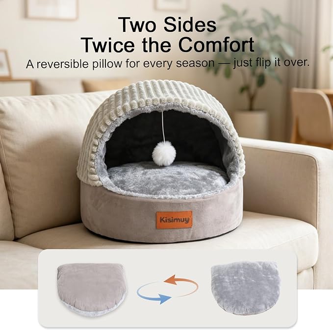 Cat Bed Cave with Pillow & Cat Toys, Cozy Cat Beds for Indoor Cats | 15.7in,Up to 10 lbs, Dual-Sided Cushion, Reversible Comfort for All Seasons, Semi-Enclosed Design, Machine Washable, Grey