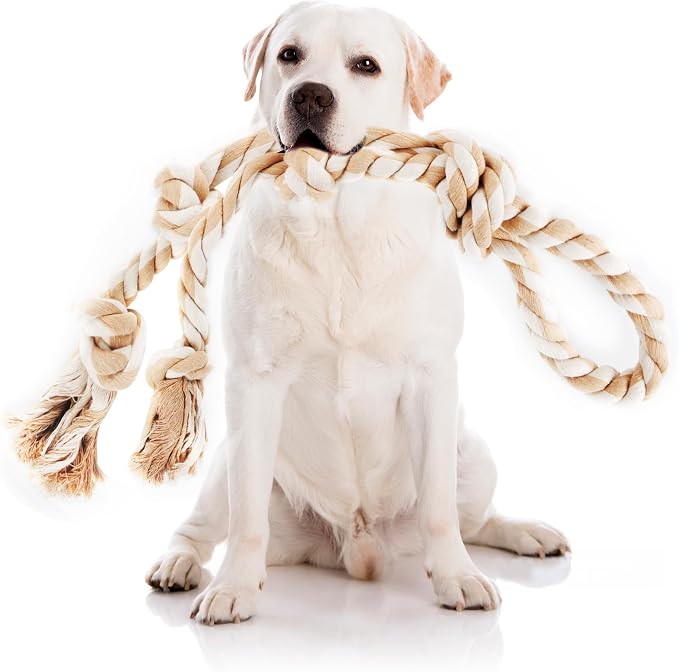 PetiFine Dog Rope Toys for Aggressive Chewers - Large, Tough Indestructible Natural Cotton Rope Toy with 3 Big Knots and a Handle for Tug of War