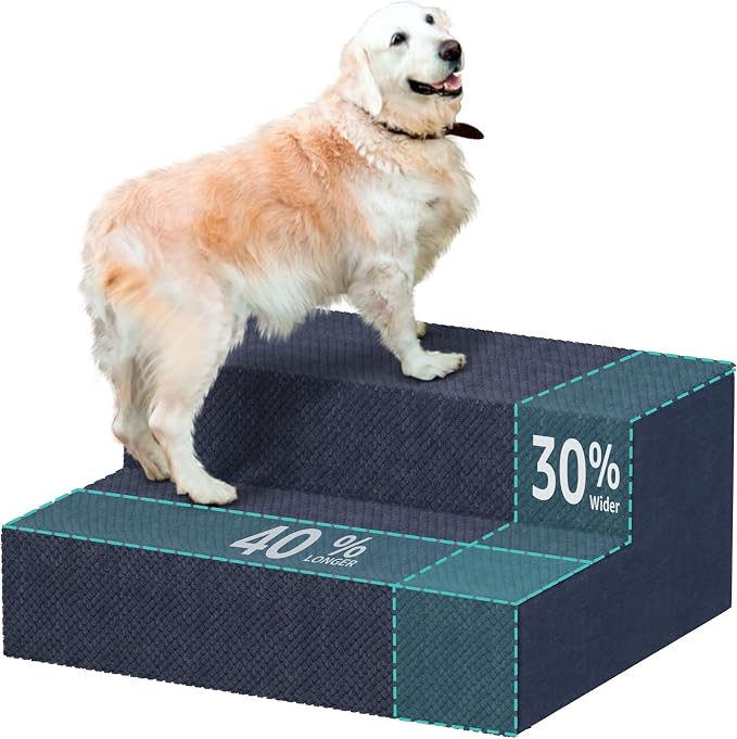 YENING Large Dog Stairs for High Beds - Extra Wide Pet Steps for Large Dogs to Get on Tall Bed 3 Deep Step Cat Ramp for Couch 2 Steps Navy Blue
