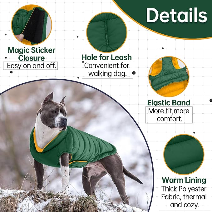 Lelepet Reversible Dog Coat Windproof Dog Jacket Lightweight Puffer Vest | Dogs Puffer Coat for Small Dogs Adjustbale Hook & Loop Pet Apparel Cold Weather Coats with Leash Hole, Shih Tzu, Green, S