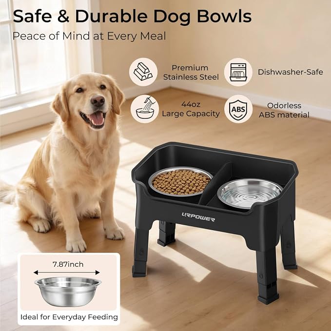 URPOWER Mess Proof Elevated Dog Bowls, Splash Guard Raised Bowl Stand | 4 Height Adjustable Raised Stand with 2 Stainless Steel Food Bowls & Licking Plate for Small, Medium & Large Dogs