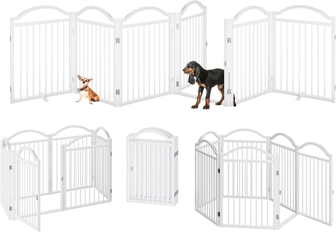 BHG Metal No-Assembly Freestanding Dog Gate with Door Walk Through, Extra Wide 144", Extra Tall 32" Pet Gate, Accordion Puppy Folding Playpen Dog Fence for Indoor & Outdoor, with 2PCS Support