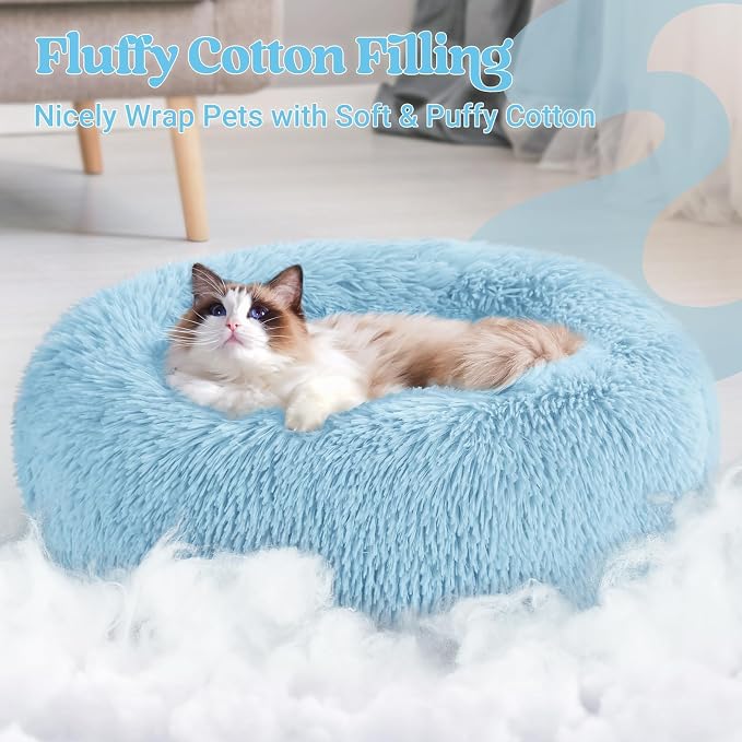 rabbitgoo Calming Cat Beds for Indoor Cats, 20 inches, Light Blue | Soft Warm Donut, Fluffy Faux Fur, Supportive Raised Rim, Anti-slip, Machine Washable, Up to 15lbs Kittens & Small Cats