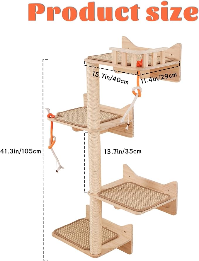 Wall Mounted Cat Tree, Cat Wall Shelves with Sisal Mats | Cat shelves for wall with wall mounted perch, sisal scratching posts, cat shelf and space saving design for indoor cats