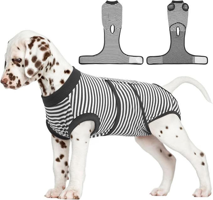 FUAMEY Dog Recovery Suit Male,Dogs Surgery Neuter Suits Puppy Spay Shirts for Female Protect Dog's Skin Anti Licking Abdominal Wounds Doggie Onesie Pet Bodysuit Alternative to Cone Gray Stripes XS