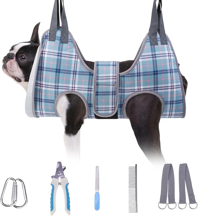 BEAUTYZOO Dog Grooming Hammock for Small Dogs/Cats, Nail Trim Restraint, S | Dog Hanging Harness for Nail Trim, Adjustable Hook & Loop, Soft Neck Support/Dual Safety Straps for Stress-Free Grooming,Blue