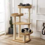 SHENGOCASE Modern Natural Wood Wooden Cat Tree Tower, 3 Large Rattan Wicker Basket Perch Beds with Cozy Cushion Sisal Scratching Post, Window View Design, for Cats up to 20 lbs