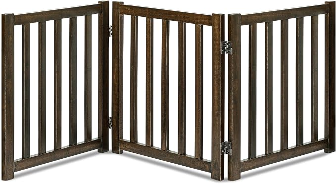 LZRS Wooden Free Standing Dog Gate 60" W x 24" H, Foldable Solid Hardwood Pet Safety Fence for House Doorways, Stairs, Hallways, Step-Over Pet Barrier, No Drill Easy Setup,Walnut