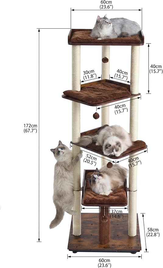 FourFurPets Heavy Duty Cat Tree, 67.7" Cat Tree for Indoor Cats Large Adult, Modern Cat Tower for Large Cats, Cat Tower with Scratching Post, Large Perch and Removable Pads, Rustic Brown