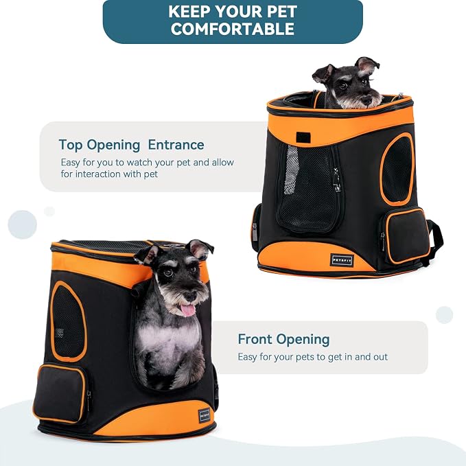 Petsfit Dog and Cat Backpack Carrier, Padded Waist Support, Up to 18 lb | 13.5 x 12.5 x 17.5 in; reinforced frame, 600D Oxford, 4 mesh panels, lockable zippers, safety tether and washable mat.