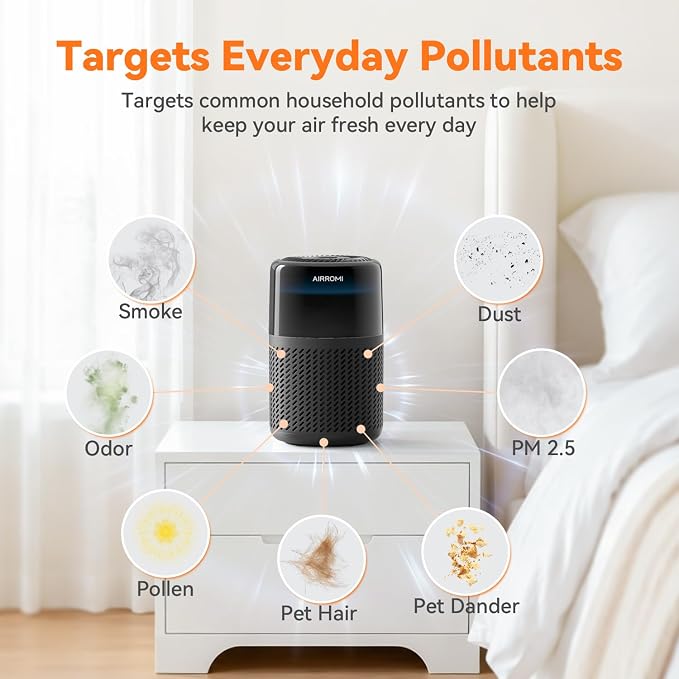 AIRROMI HEPA Air Purifier for Bedroom&Home,Pet Air Purifier for Home Pets,Removes Pet Odor,Cat Litter Smell,Dust,Smoke&Allergies,Quiet Room Air Purifier with Scents,360°Air Cleaner,A2005 Black
