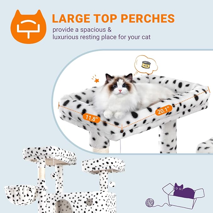 Allewie 81 Inches Tall Cat Tree/Multi-Level Large Climbing Tree House and Towers for Big Feline/Condo and Hammock/Scratching Post/Wide Base/White & Black Spot