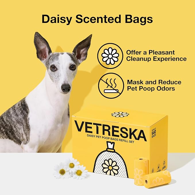 VETRESKA Daisy Scented Dog Poop Bags, 540 Counts, Leak-proof and Large | Extra Thick Pet Waste Bags for Dog Walking and Cat Litter, 36 Refill Rolls