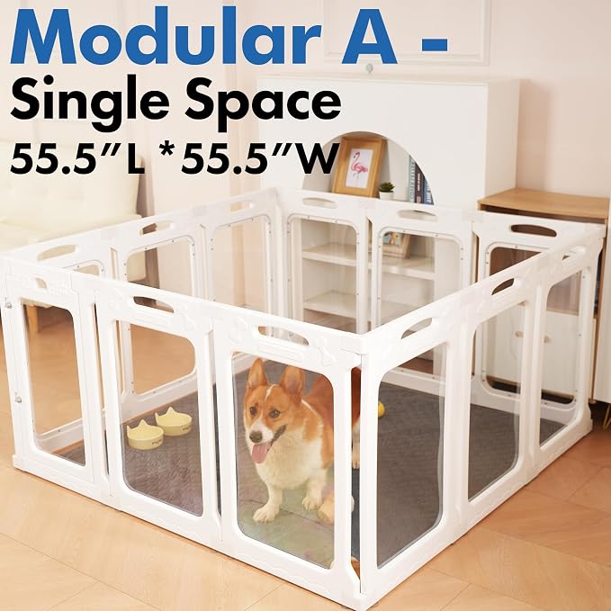 Acrylic Dog Playpen Indoor, Modular 2 Room & Toilet Area, Height 30 Inch, 12 Panels, Ideal for Small & Toy Dogs, White