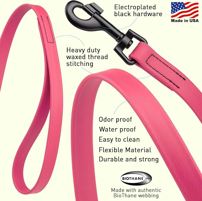 Dogline Biothane Waterproof 6ft Dog Leash Strong Coated Nylon Webbing with Black Hardware Odor-Proof Easy to Clean High Performance for Small or Large Dogs Made in USA 6ft Lead, Passionfruit Pink