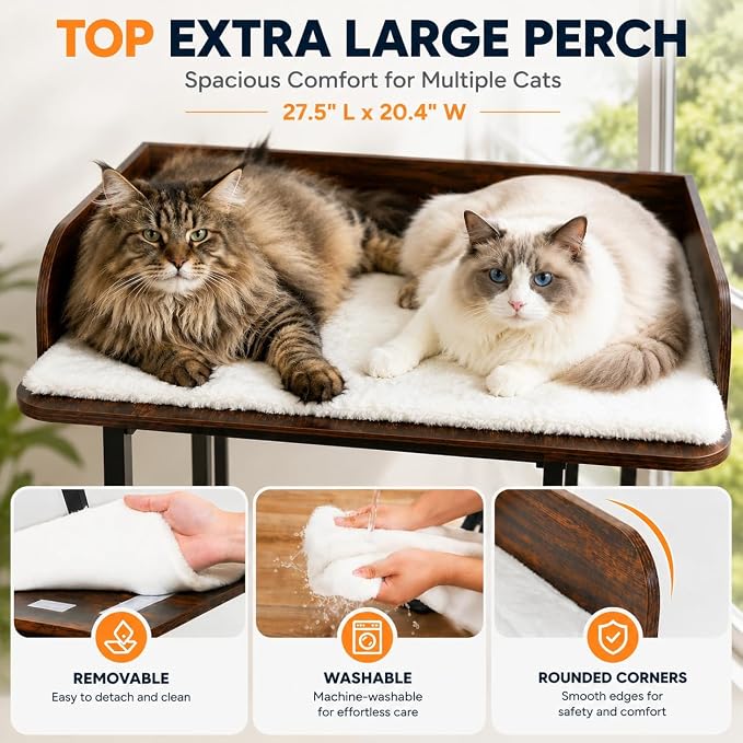 48in Wood Modern Cat Tree for Large Indoor Cats with Big Perch Bed | Multi-Level Climbing Design, Cat Cando, Sisal Scratching Posts and Board, Removable Washable Pads, Stable Rustic Brown