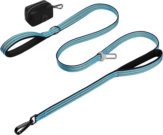 Double Handle Dog Leash with Poop Bag Holder and Car Seat Belt Buckle | Heavy Duty | Double Handle | with Poop Bag Holder | with Car Seat Belt Buckle | Reflective | Lightweight