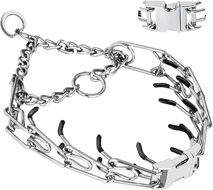 Prong Collar for Dogs, Dog Training Collar for Small Medium Large Dogs | Pinch Collar, Adjustable Size, No Pull, Quick Release Buckle, Hook 360° Swivel, High Quality, 2 Extra Link and 20 Rubber Cap