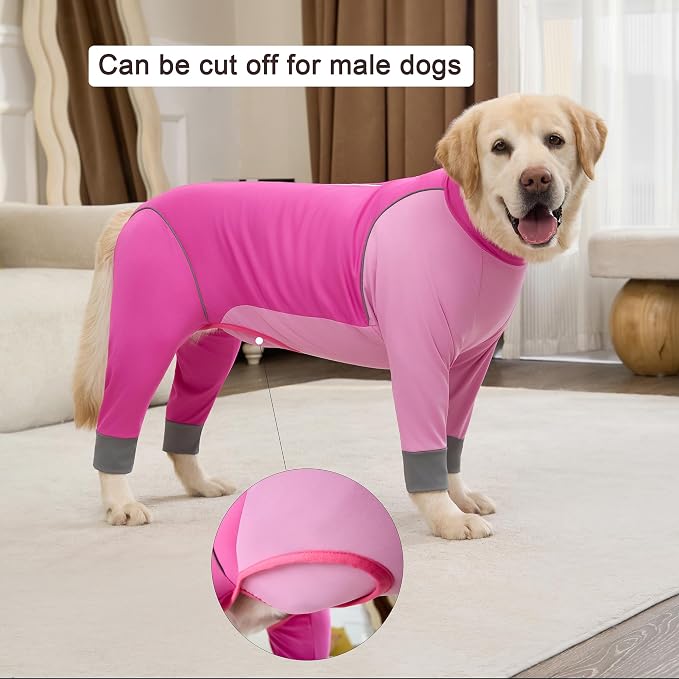 Dog Onesie Coat - Water-Repellent & Stretchable, Dirt-Resistant Outdoor Puppy Suit with Reflective Strips | Controls Shedding | for Small, Medium, Large Dogs (Fuchsia Pink, 6XL(Weight 85-100 lbs))