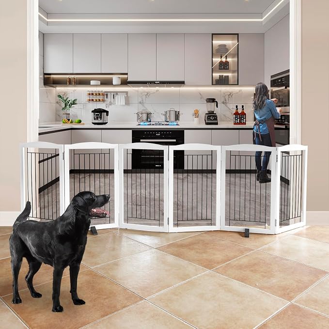 ZJSF Freestanding Dog Fence Indoor, Foldable Dog Gate for Doorways, Stairs or Hallways, Sturdy Wood Extra Wide Pet Gate with Support Feet for The House, White, 32 "Height-6 Panels