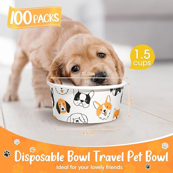 100 Pcs Disposable Dog Bowls 1.5 Cups Pets Disposable Feeding Bowls for Dogs and Cats Pets Paper Travel Cups for Small Medium Dogs Cats Puppy Kitten Dry or Wet Serving Food Water(Lovely)