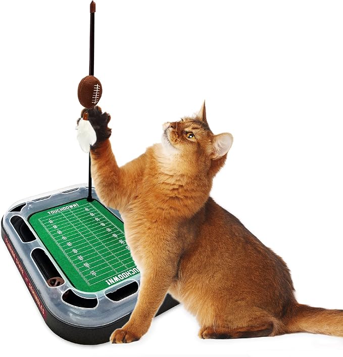 Pets First 5-in-1 Cat Toy: Interactive Cat Scratcher with Catnip Filled Plush Football & Feathers