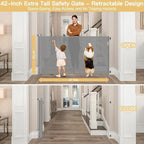Reinforced 42" Tall x 55" Wide Retractable Baby Gates for Dogs/Easy Install | Indoor/Outdoor Tall Pet Gate, Prevents Crawling Under, Space-Saving, Easy to Use, Scratch-Resistant Mesh, Safety Lock, Gray