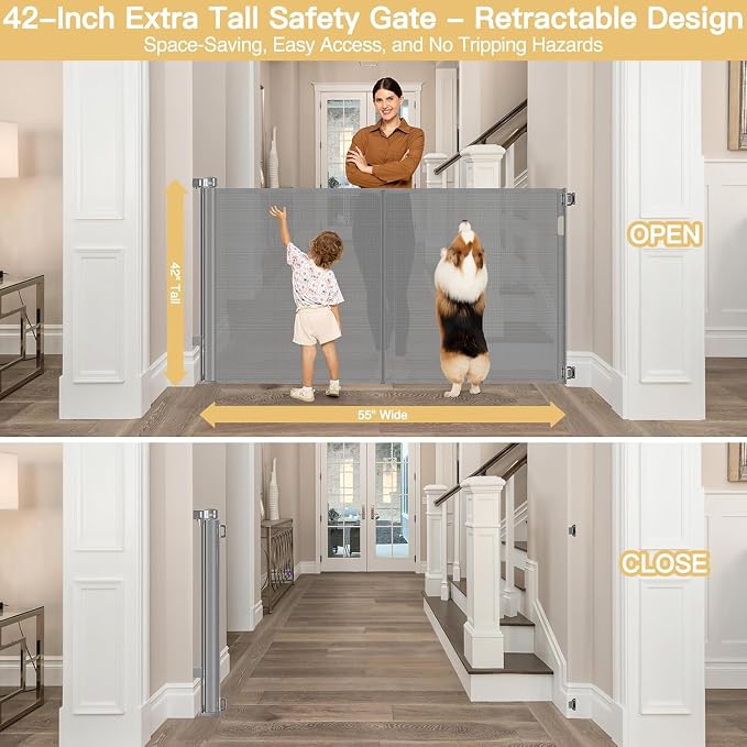Reinforced 42" Tall x 55" Wide Retractable Baby Gates for Dogs/Easy Install | Indoor/Outdoor Tall Pet Gate, Prevents Crawling Under, Space-Saving, Easy to Use, Scratch-Resistant Mesh, Safety Lock, Gray