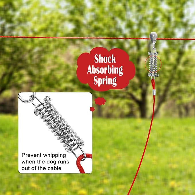 Dog Runner for Yard, Trolley System, 100FT+10FT, Red | Chew-resistant Cable, Shock Spring Softens Pulls, 360° Swivel Reduce Tangles