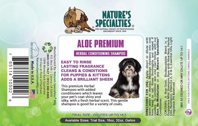 Nature's Specialties Aloe Premium Ultra Concentrated Dog Shampoo Conditioner for Pets, Makes up to 4 Gallons, Natural Choice for Professional Groomers, Herbal Aloe Infused Formula, Made in USA, 32 oz