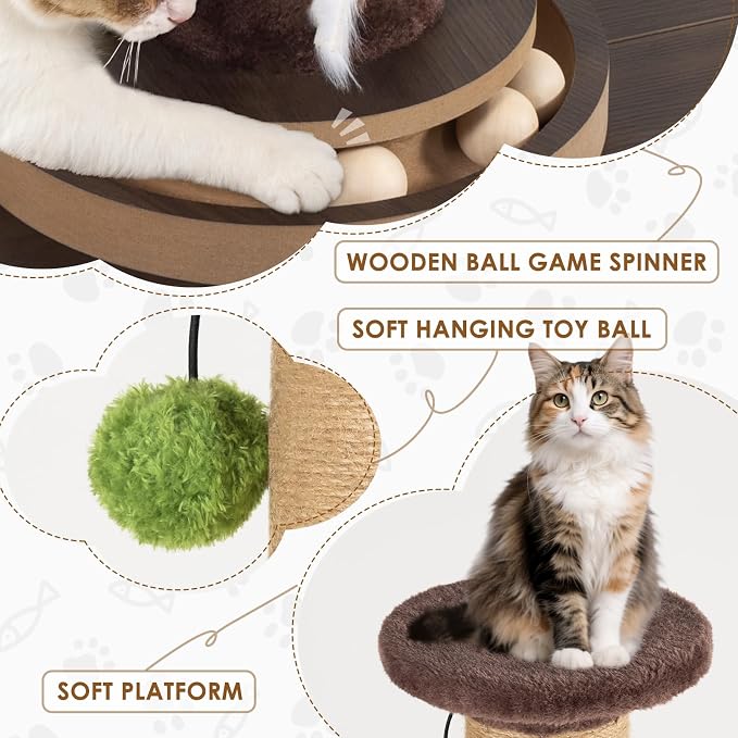 35.4" Tall Sisal Cat Scratching Post, Anti-Tip Stable Base, Interactive Mouse Hole & Toys, Furniture Grade Wood Cat Scratcher Tower for Indoor Cats