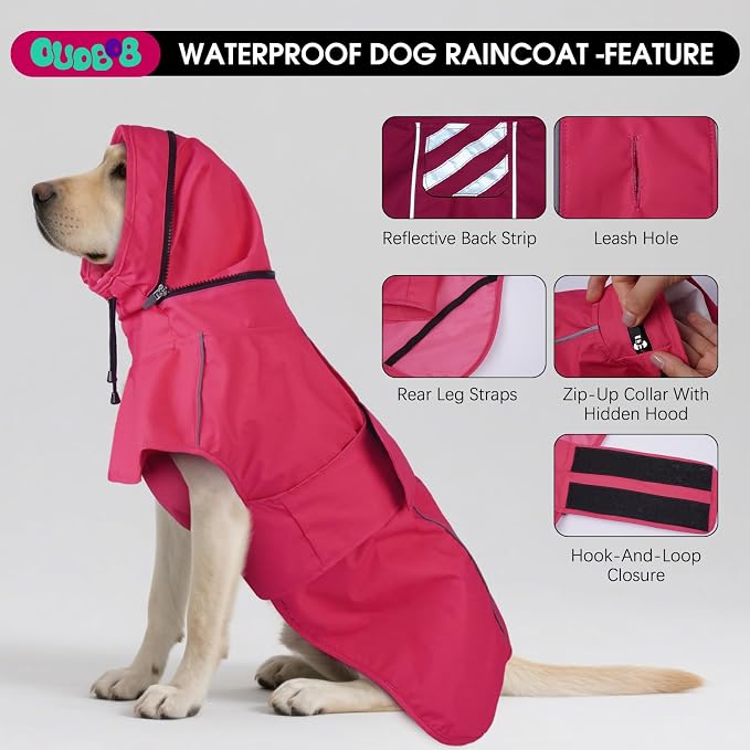 Dog Raincoat, Waterproof Dog Rain Jacket with Hood, Pink 4XL | Rain Coat For Gaint Dogs, Doggy Poncho With Leash Hole, Reflective Strips, For Rainy Snowy Weather Walks, Hiking, Camping