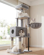 Heybly Cat Tree with Toy, 49.2 inch Cat Tower for Indoor Cats HCT200SW-1 | Spacious Cat House Condo with Hidden Space，Soft Plush Top Perch，Cozy Hammock and Sisal Scratching Posts, Light Gray
